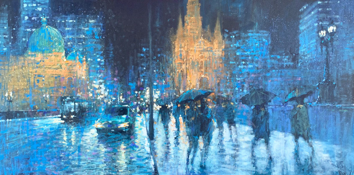 David Hinchliffe, Rainy Night in Melbourne, 2019, oil and acrylic on canvas, 91 x 182 cm, Manyung Gallery.